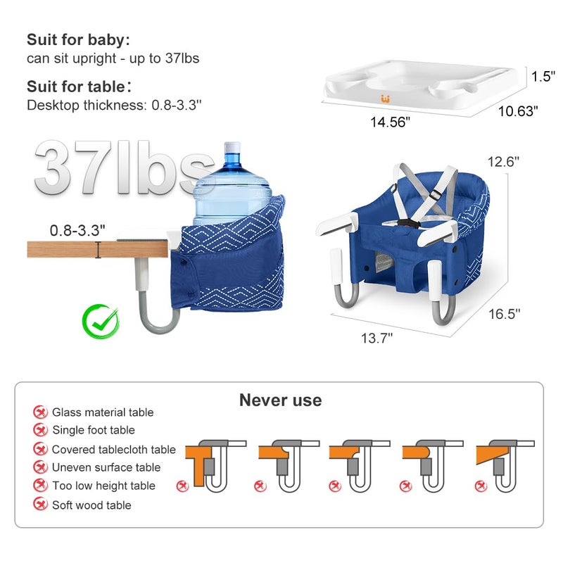 MTWML Hook On High Chair with Tray,Portable Baby High Chair That Attaches to Table,Clip On Fast Table Seat for Babies and Toddlers.Baby Feeding Seat for Dining Tables and Counter(Stripe-Blue) - Image 3